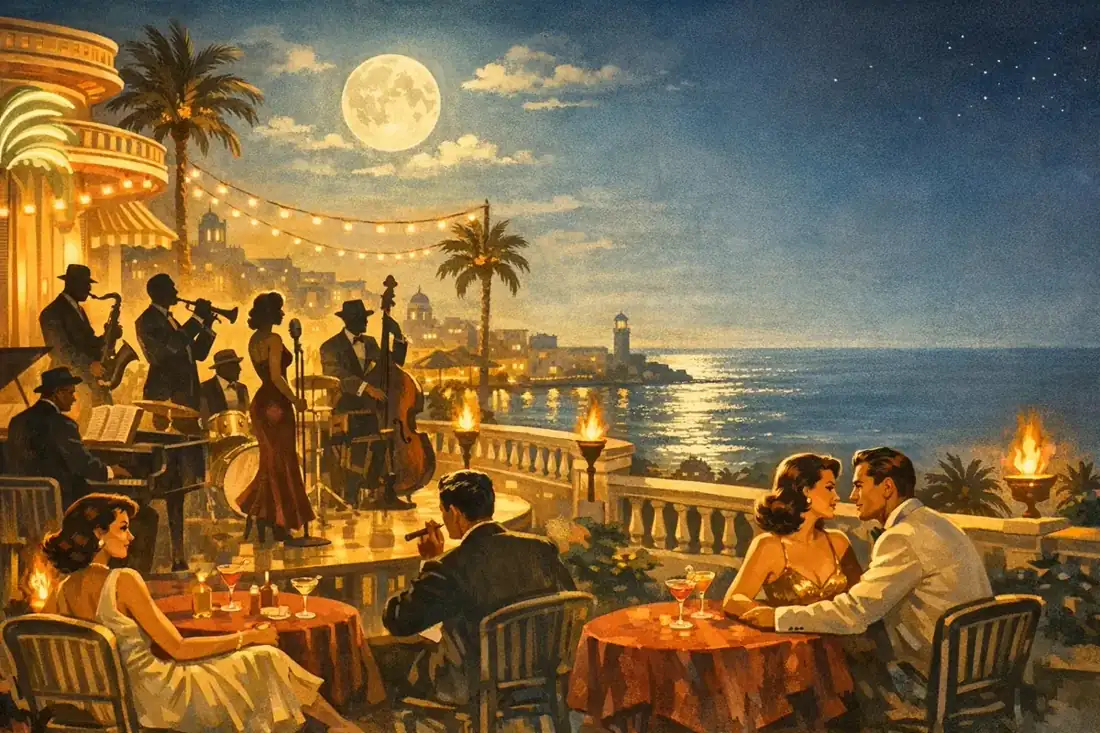 Midnight Jackpot Weekend — jazz band playing on the casino terrace at night