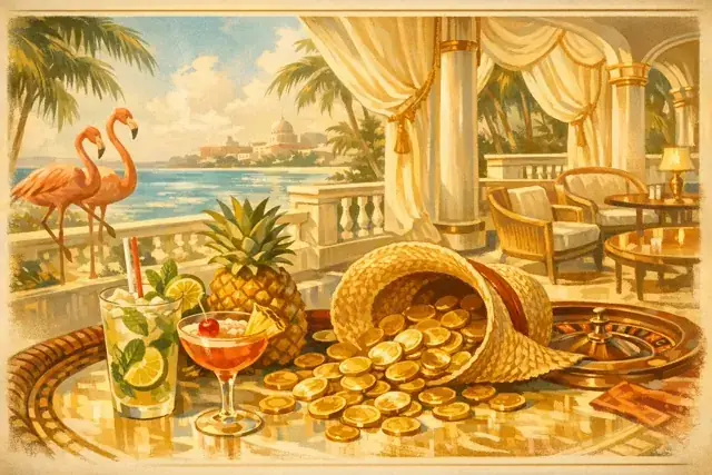 Tropicana Room hostess in a feathered costume beside the live roulette table