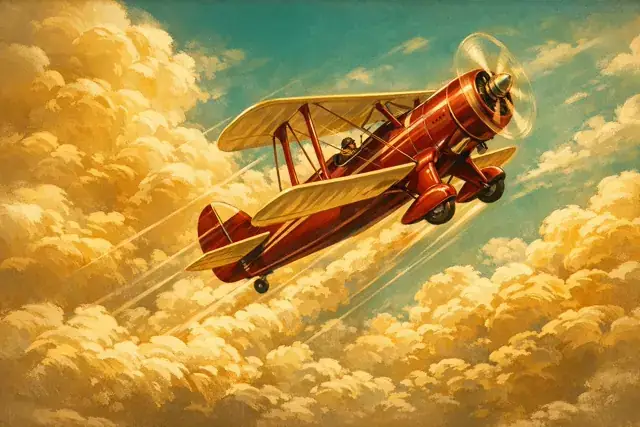 Sky High crash game — vintage biplane in golden clouds